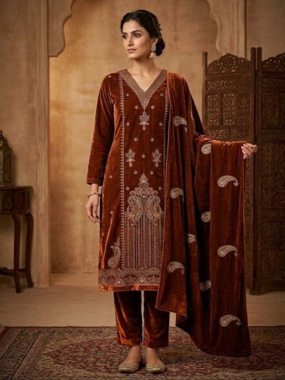 Women's Rust Brown Velvet 3-Piece Embroidered Kurta Suit Set With V-Neck Tunic T